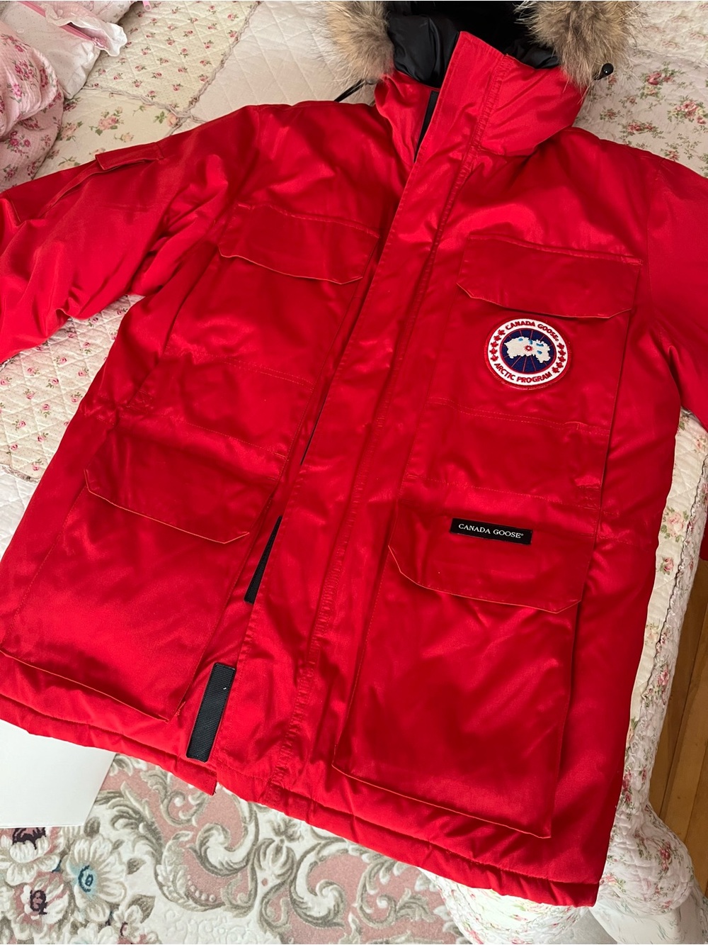 Canada Goose Red Parka Jacket with Fur-Trim Hood